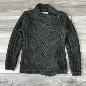 Aran Crafts Ireland Merino Wool Cable Knit Zip Cardigan Sweater Olive Green XS